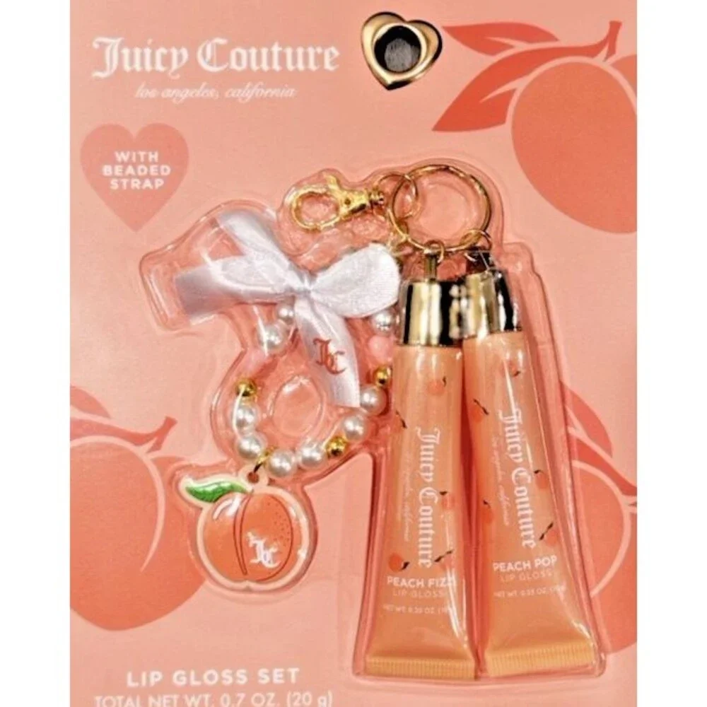 Juicy Couture Peach Liquid Lip Gloss Set Shine Effect w/ Beaded Strap Charm